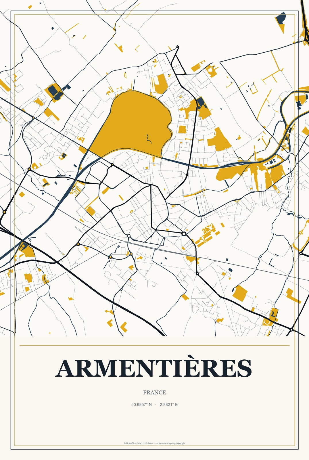 Armentières, France City Map Aluminum Sign in Citrine Modern style