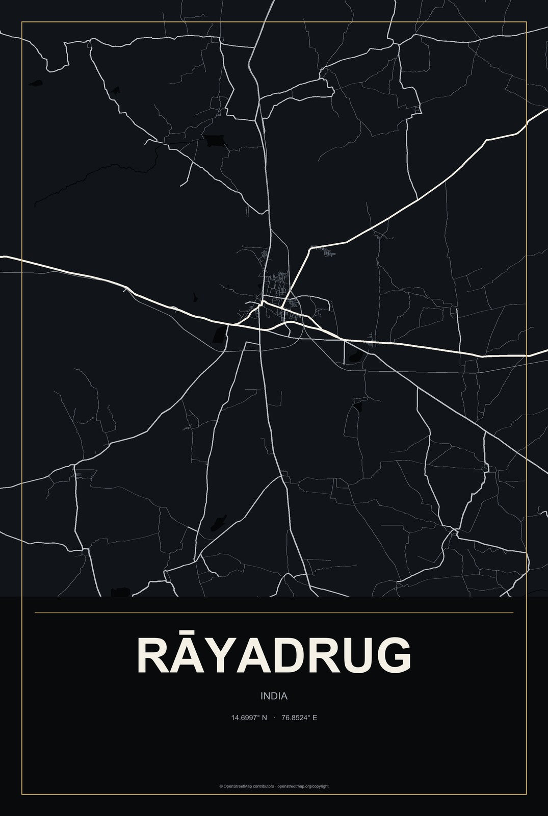 Rāyadrug, India City Map Aluminum Sign in Metropolitan Noir style