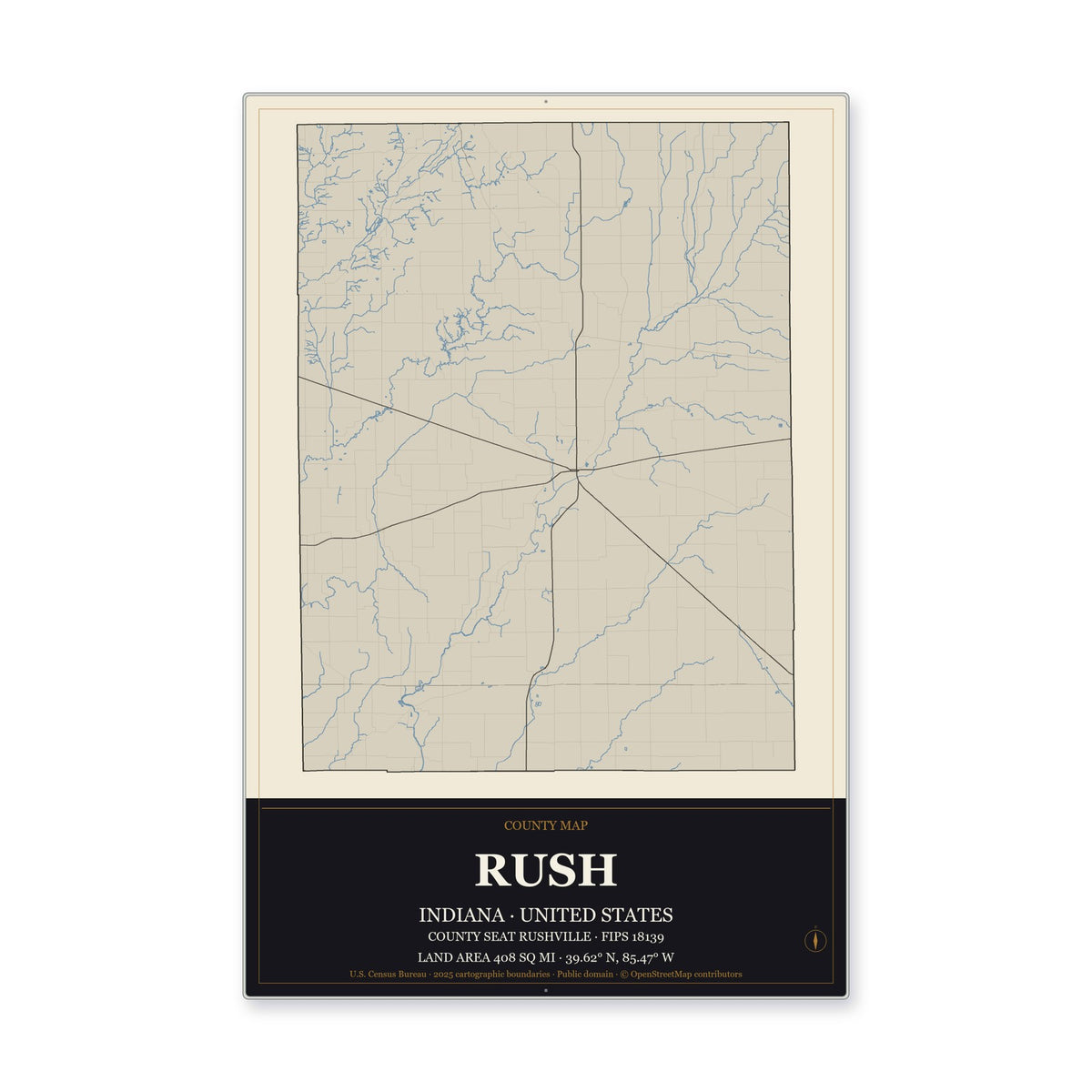 Rush County, Indiana Map Aluminum Sign in Museum Plaque style