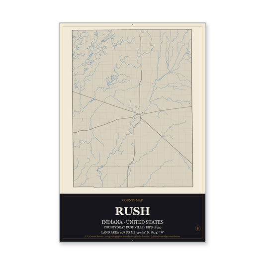 Rush County, Indiana Map Aluminum Sign in Museum Plaque style
