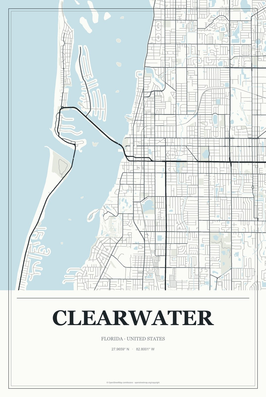 Clearwater, Florida City Map Aluminum Sign in Gallery Air style