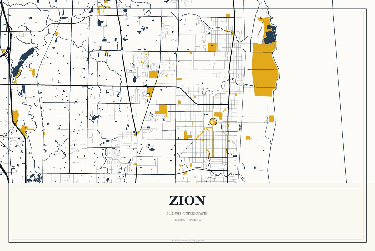 Zion, Illinois City Map Aluminum Sign in Citrine Modern style