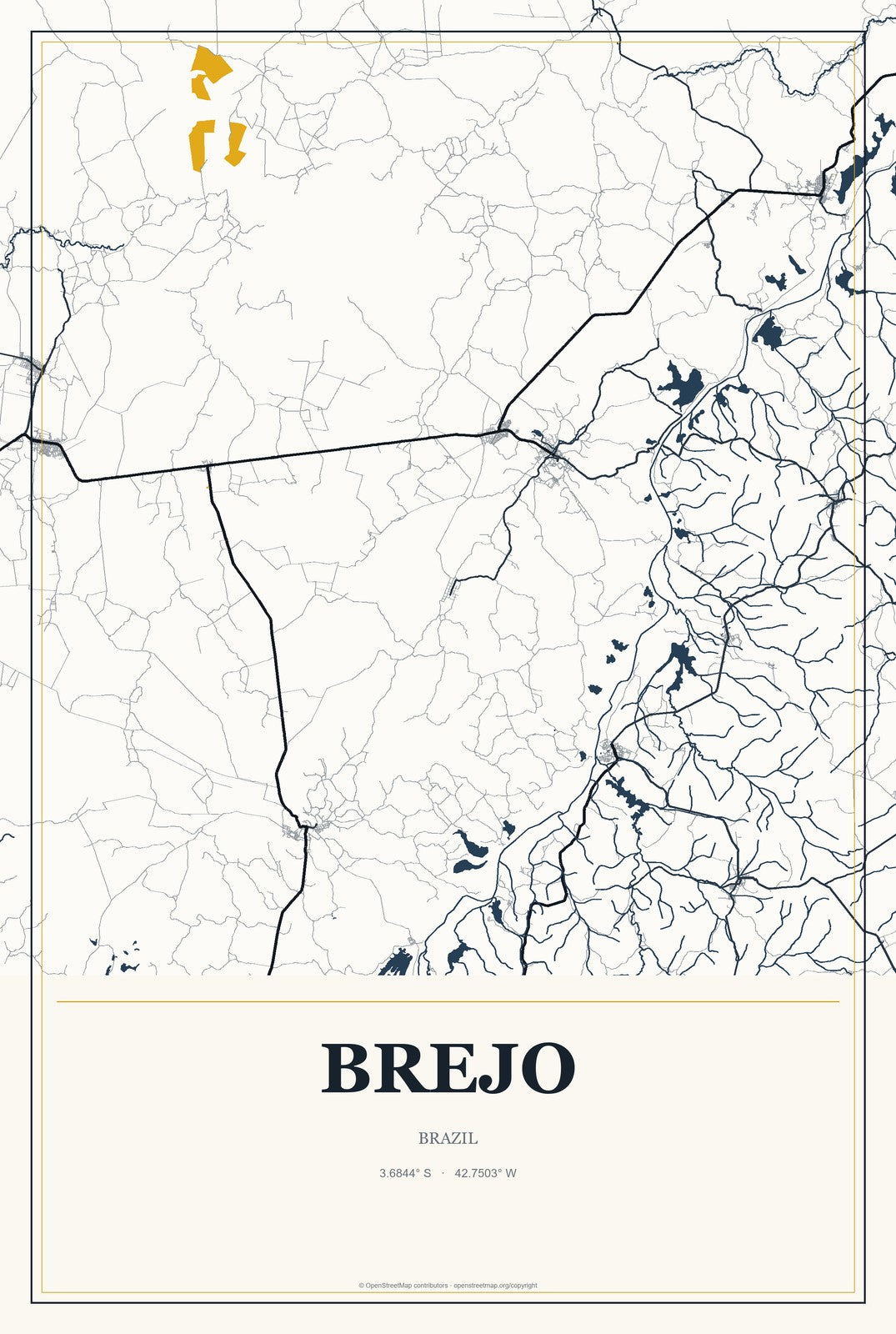 Brejo, Brazil City Map Aluminum Sign in Citrine Modern style