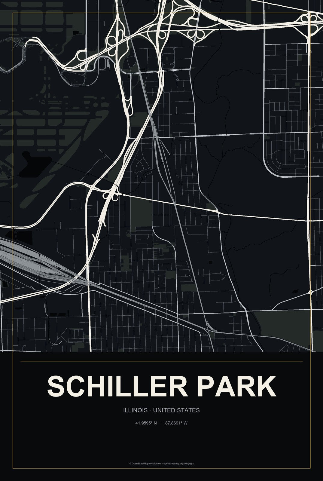 Schiller Park, Illinois City Map Aluminum Sign in Metropolitan Noir style