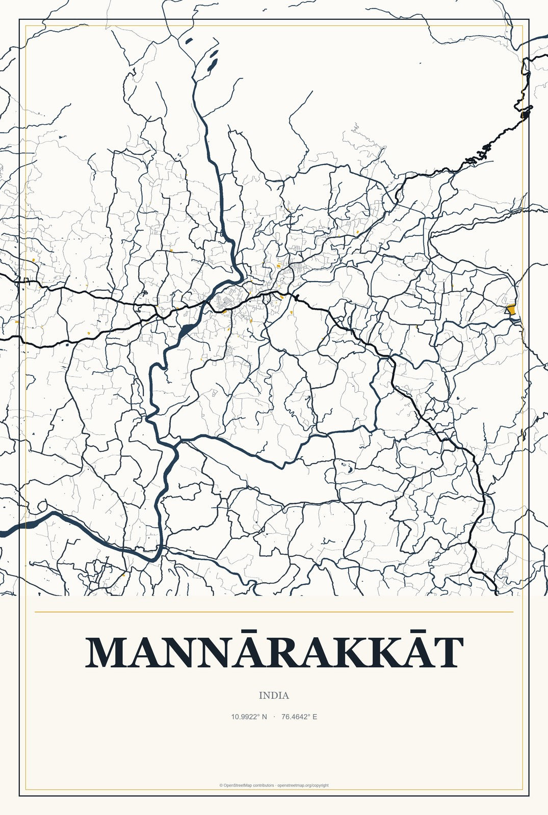 Mannārakkāt, India City Map Aluminum Sign in Citrine Modern style