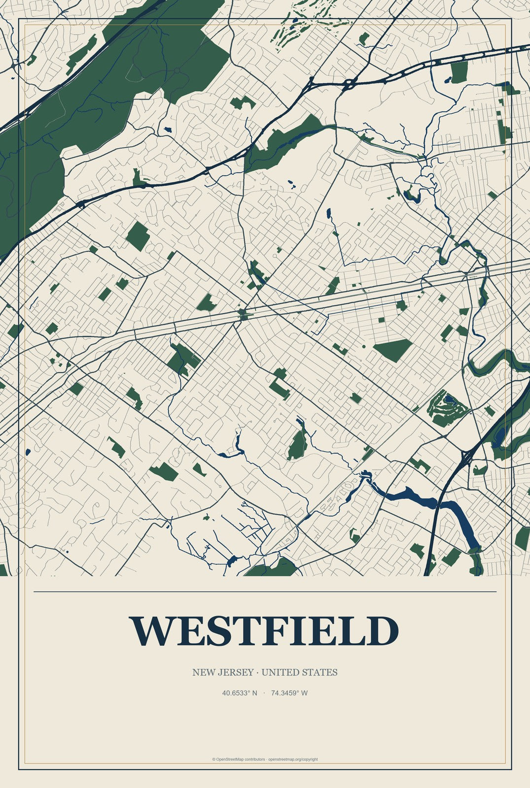 Westfield, New Jersey City Map Aluminum Sign in Coastal Cutout style