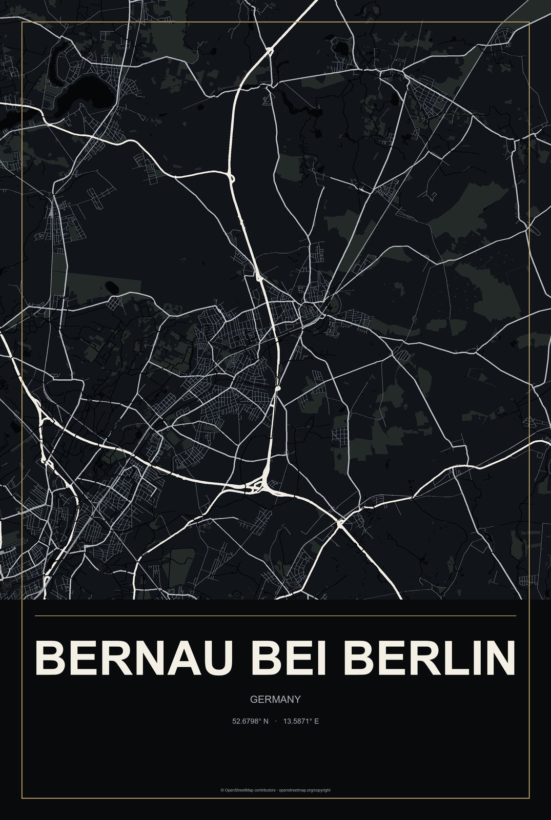 Bernau bei Berlin, Germany City Map Aluminum Sign in Metropolitan Noir style