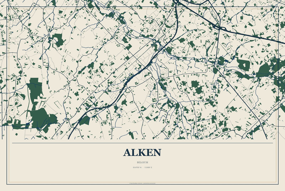 Alken, Belgium City Map Aluminum Sign in Coastal Cutout style