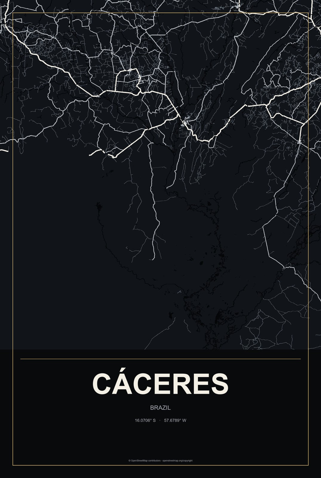 Cáceres, Brazil City Map Aluminum Sign in Metropolitan Noir style