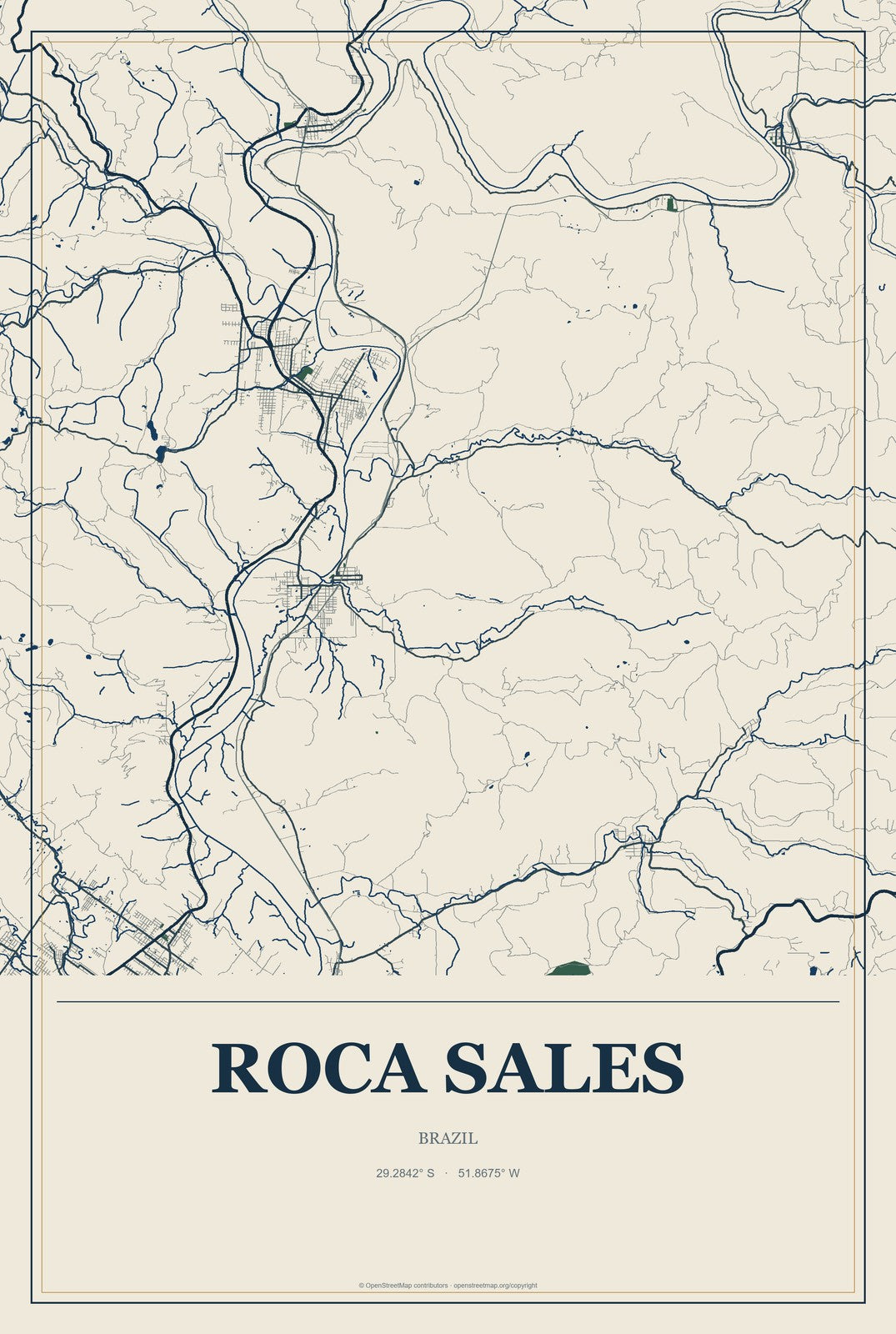 Roca Sales, Brazil City Map Aluminum Sign in Coastal Cutout style