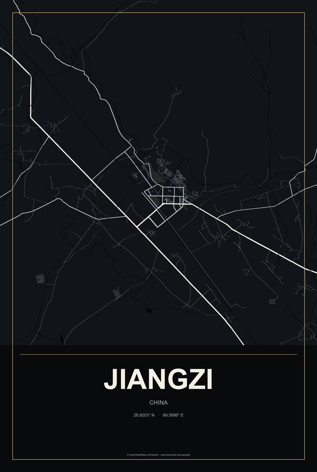 Jiangzi, China City Map Aluminum Sign in Metropolitan Noir style