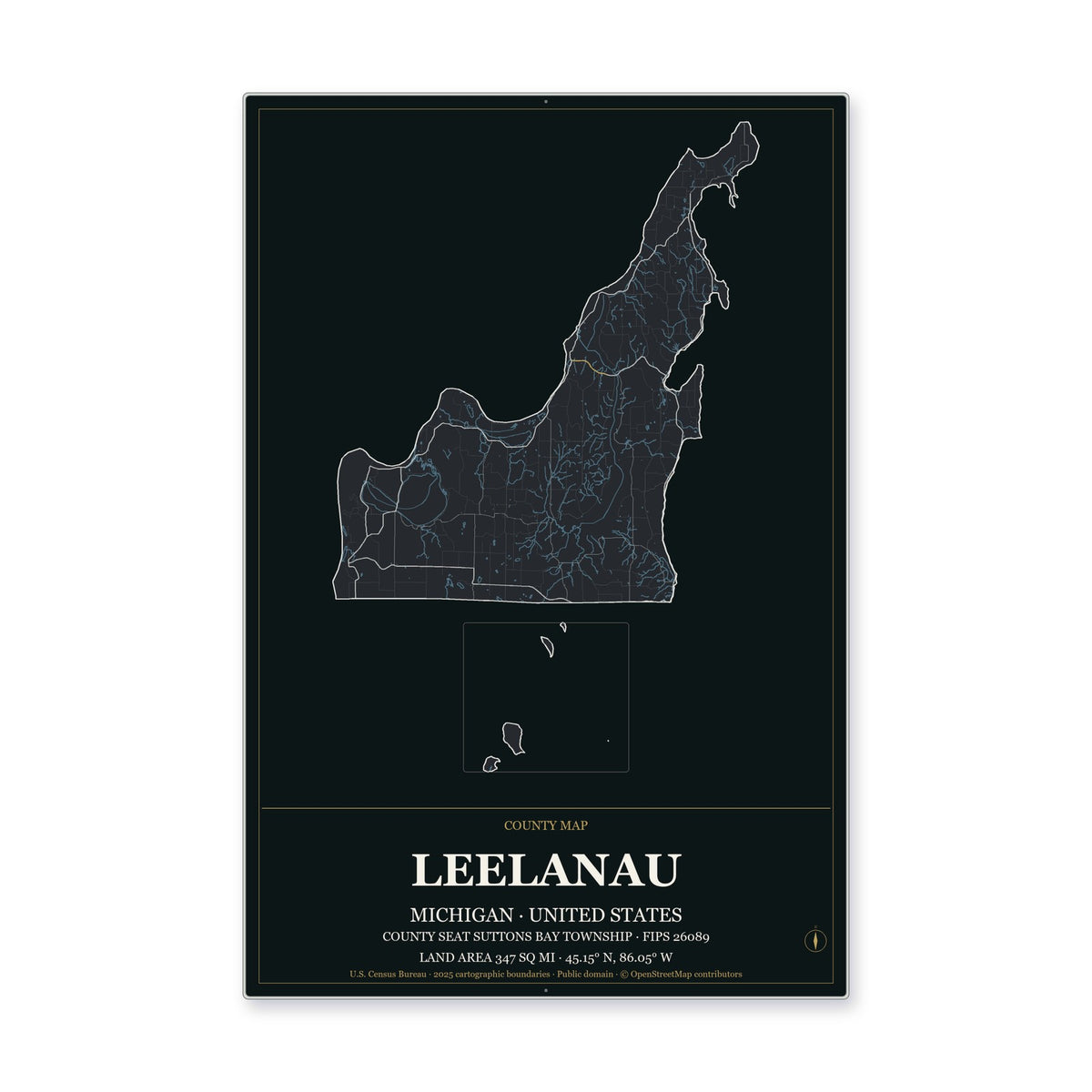 Leelanau County, Michigan Map Aluminum Sign in Metropolitan Noir style