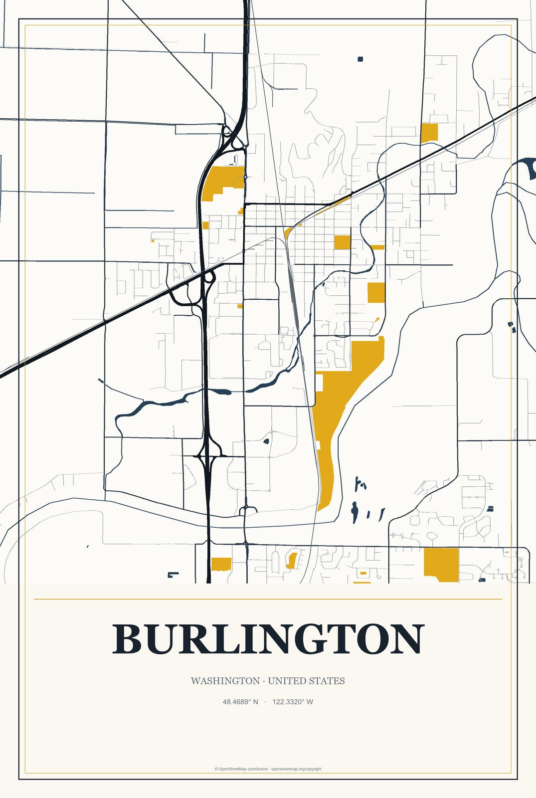 Burlington, Washington City Map Aluminum Sign in Citrine Modern style