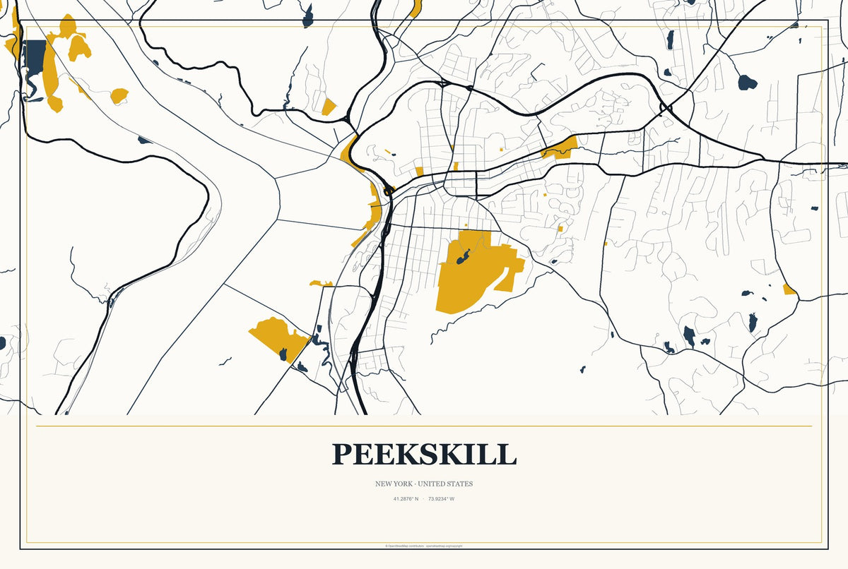 Peekskill, New York City Map Aluminum Sign in Citrine Modern style