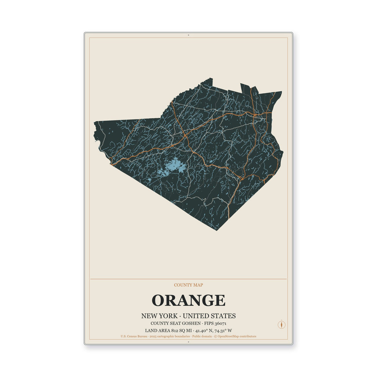 Orange County, New York Map Aluminum Sign in Headline Atlas style