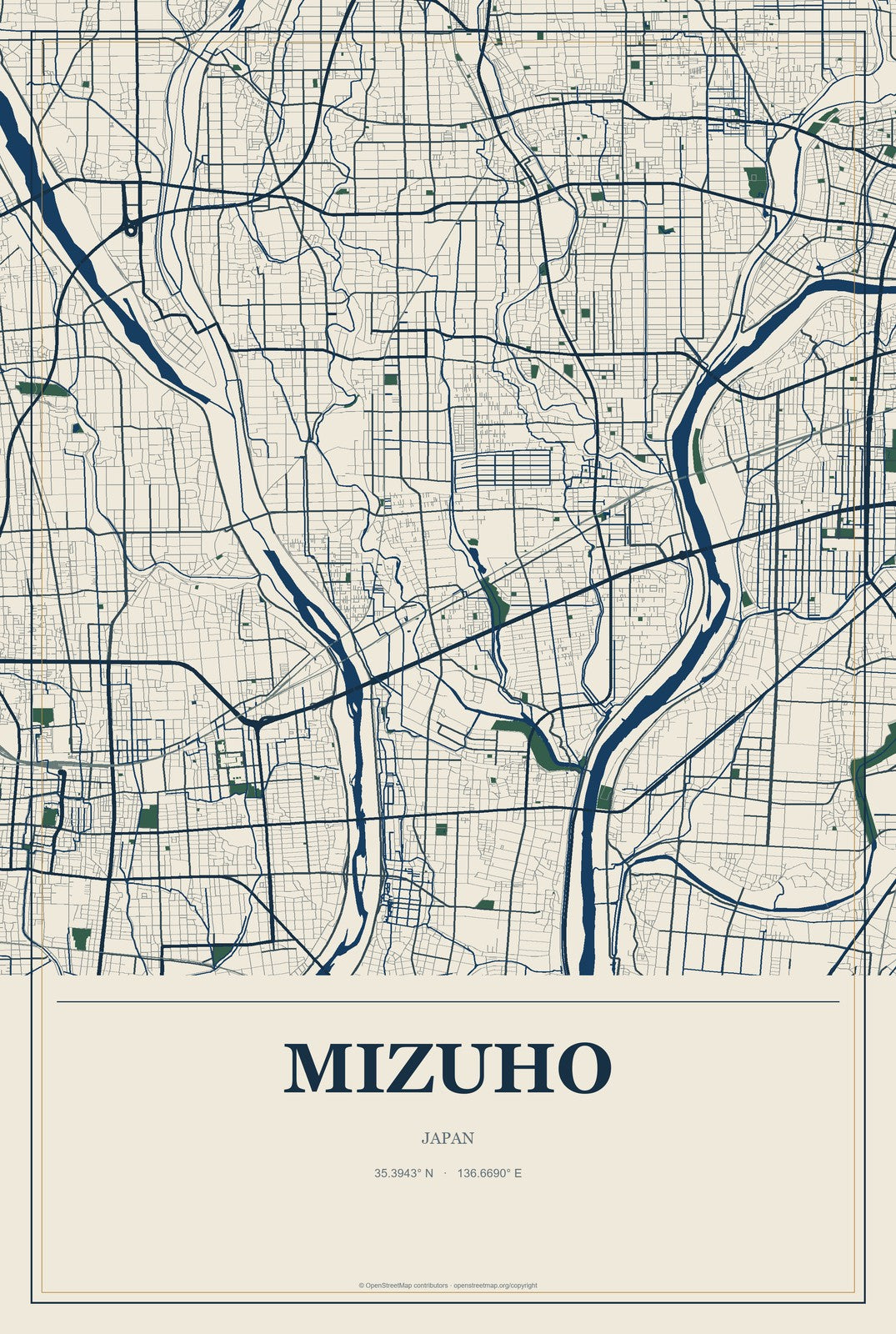 Mizuho, Japan City Map Aluminum Sign in Coastal Cutout style