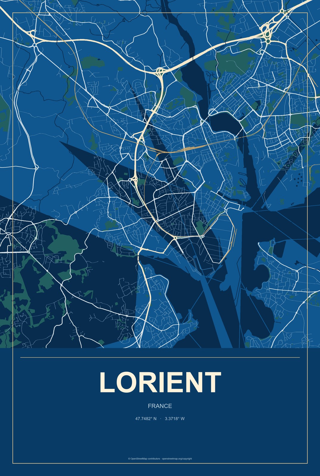 Lorient, France City Map Aluminum Sign in Harbor Cobalt style