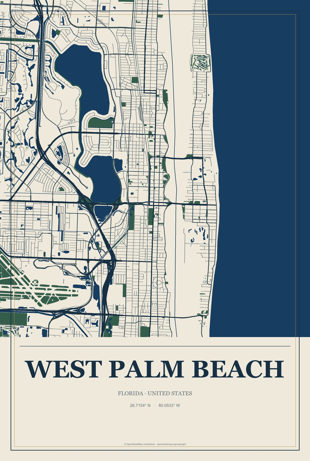 West Palm Beach, Florida City Map Aluminum Sign in Coastal Cutout style