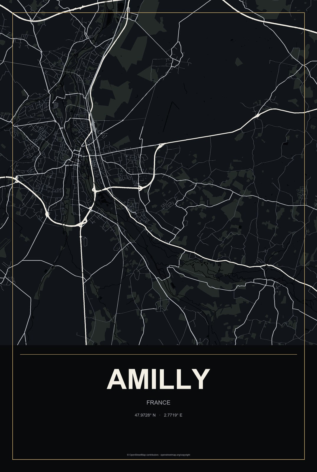 Amilly, France City Map Aluminum Sign in Metropolitan Noir style