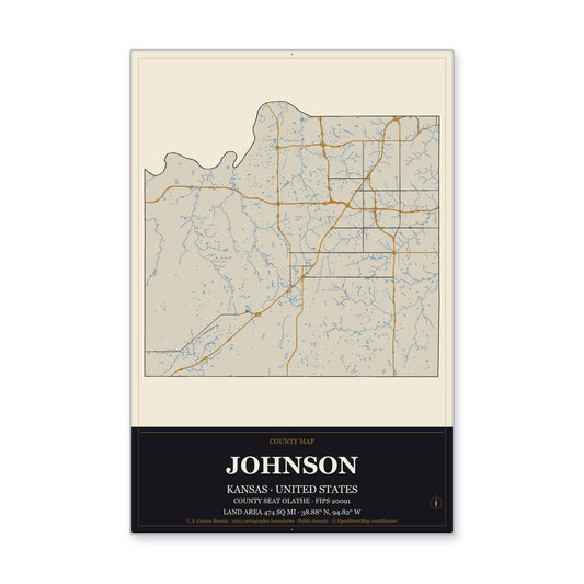 Johnson County, Kansas Map Aluminum Sign in Museum Plaque style