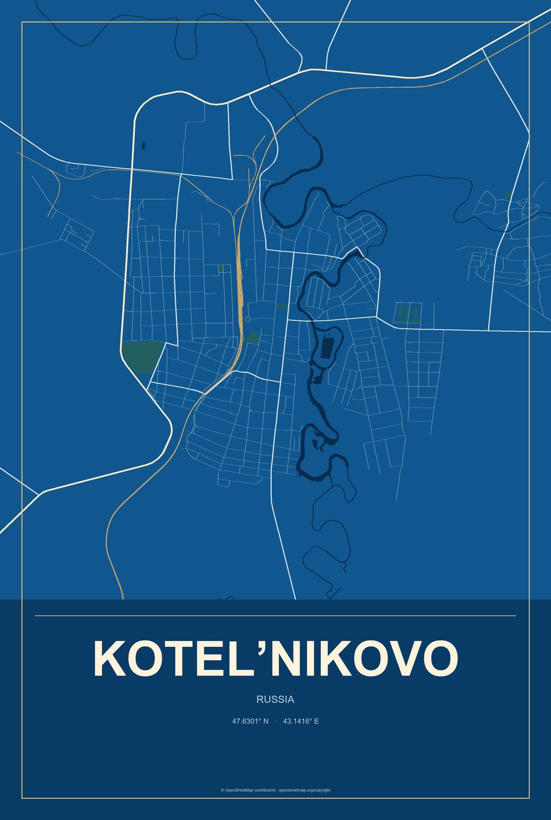 Kotel’nikovo, Russia City Map Aluminum Sign in Harbor Cobalt style