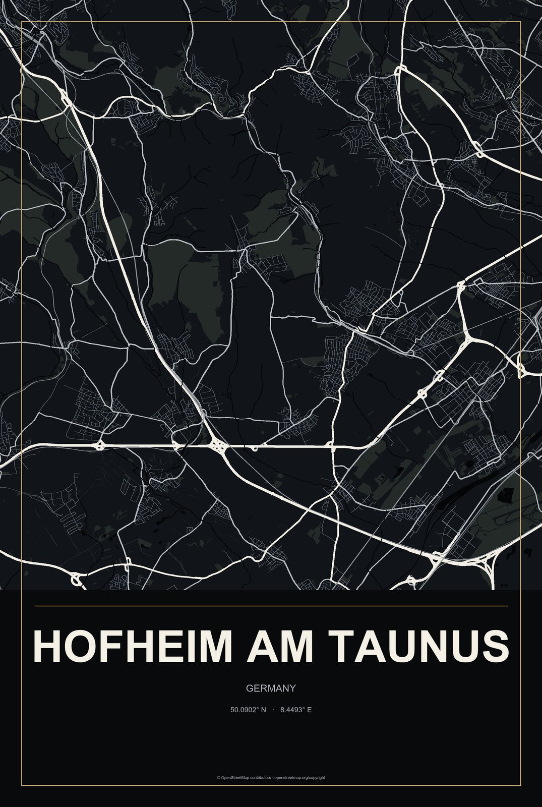 Hofheim am Taunus, Germany City Map Aluminum Sign in Metropolitan Noir style
