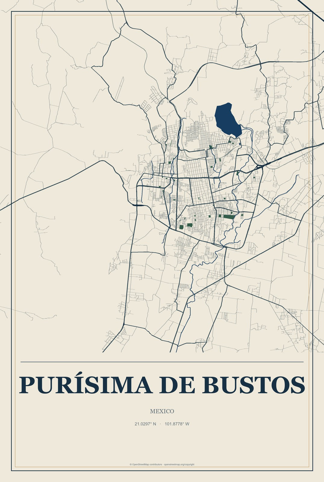 Purísima de Bustos, Mexico City Map Aluminum Sign in Coastal Cutout style
