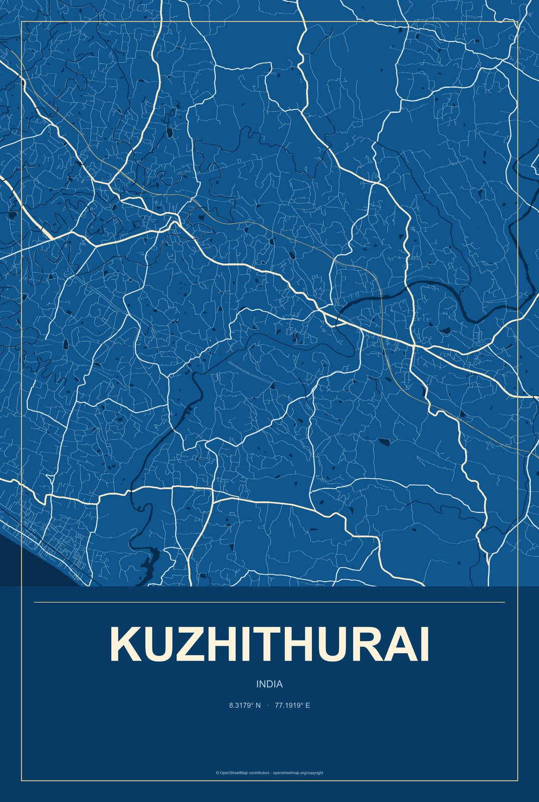Kuzhithurai, India City Map Aluminum Sign in Harbor Cobalt style