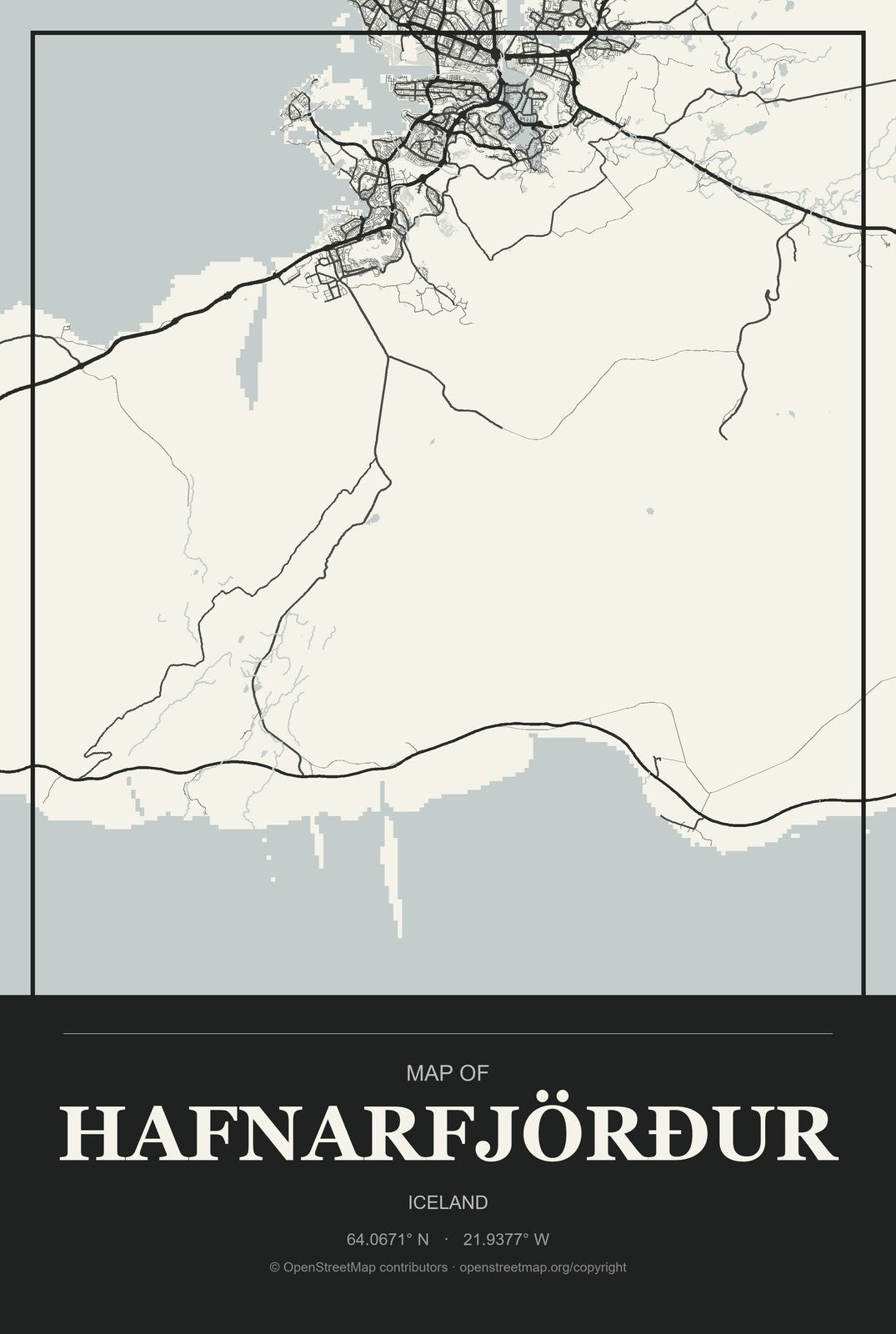 Hafnarfjörður, Iceland City Map Aluminum Sign in Museum Plaque style