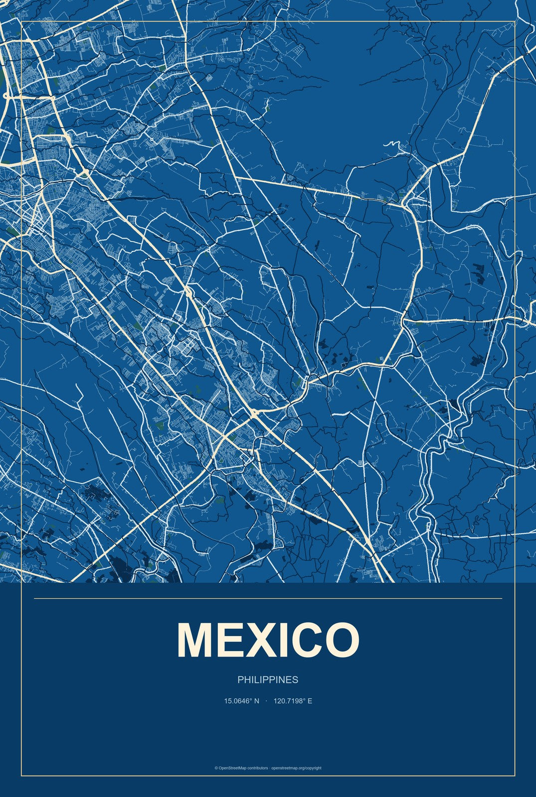 Mexico, Philippines City Map Aluminum Sign in Harbor Cobalt style