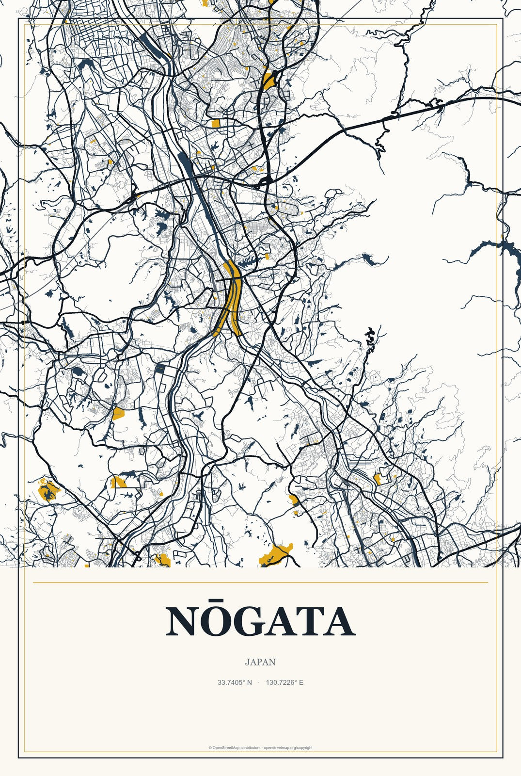 Nōgata, Japan City Map Aluminum Sign in Citrine Modern style