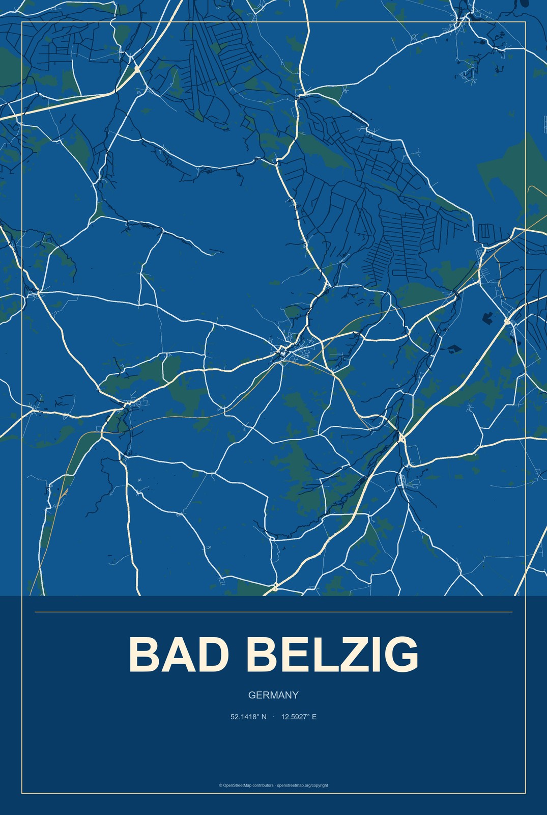 Bad Belzig, Germany City Map Aluminum Sign in Harbor Cobalt style