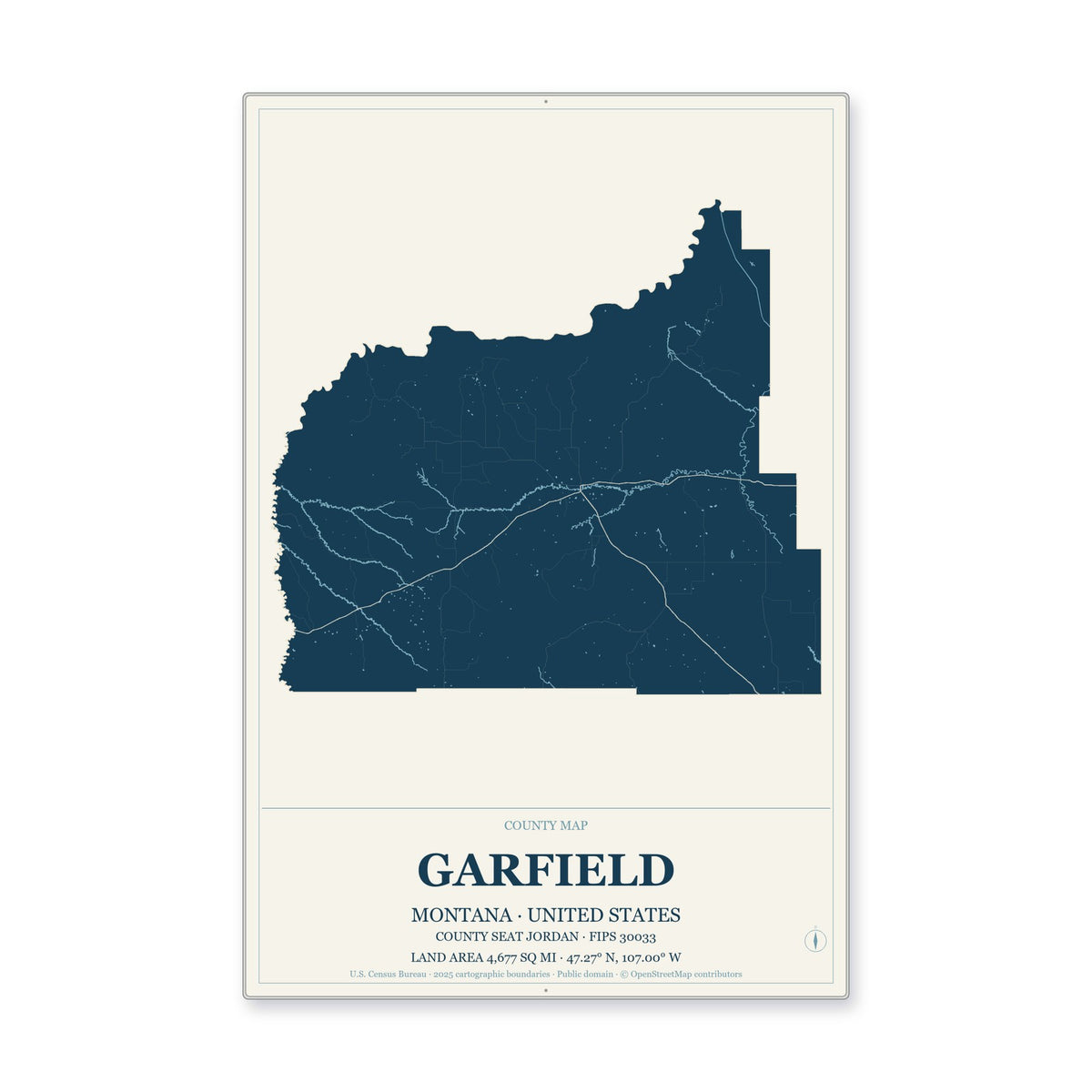 Garfield County, Montana Map Aluminum Sign in Coastal Cutout style