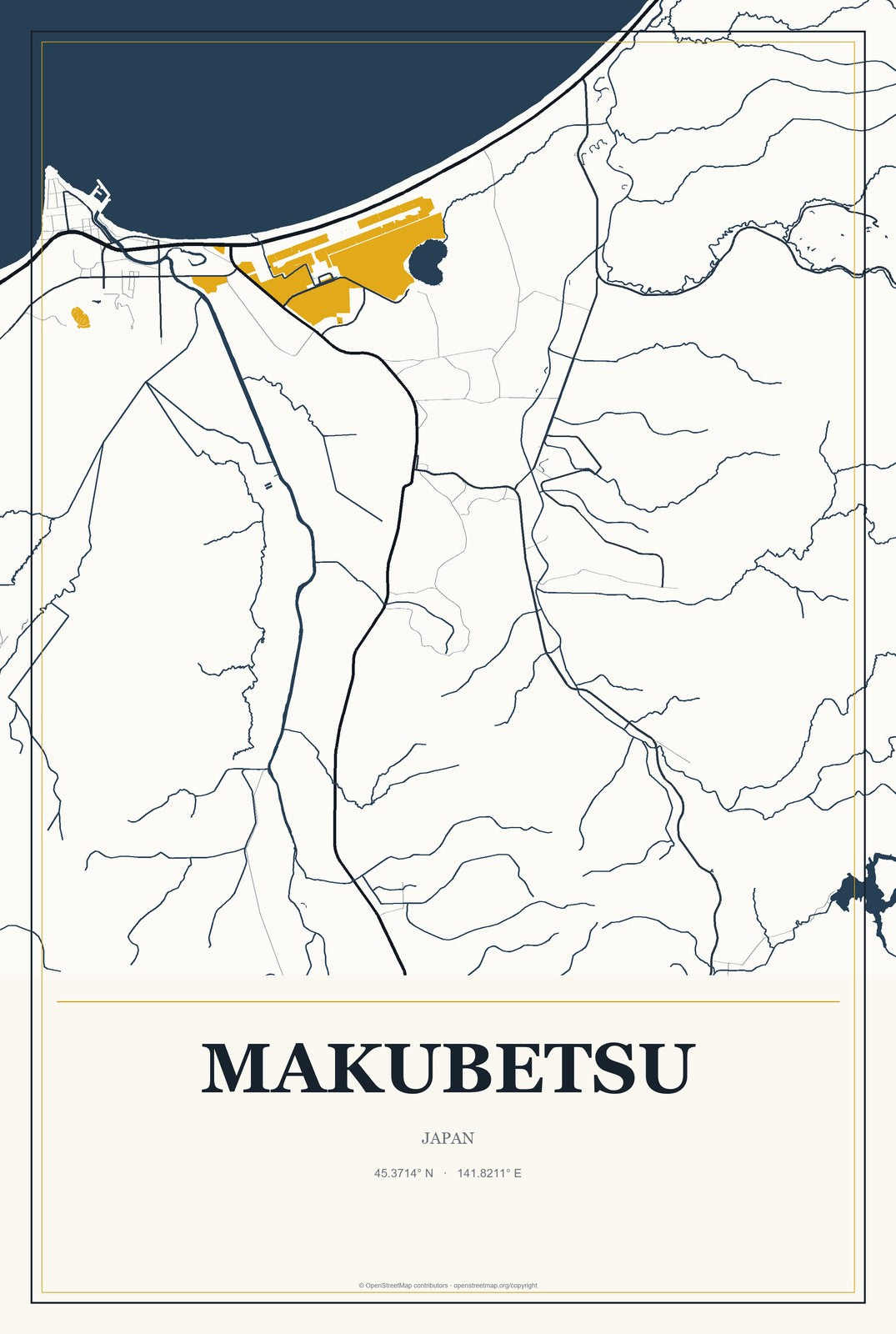 Makubetsu, Japan City Map Aluminum Sign in Citrine Modern style