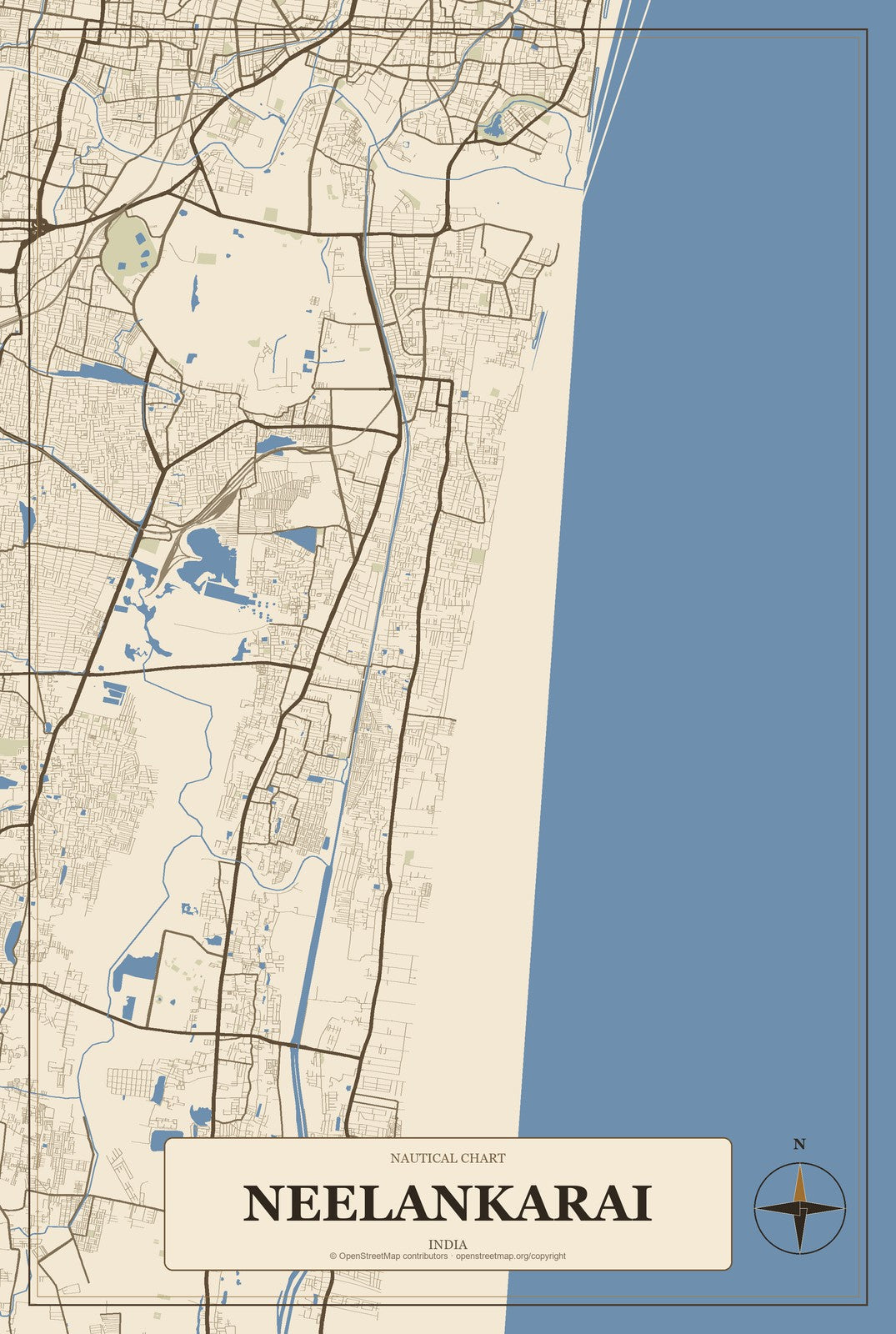 Neelankarai, India City Map Aluminum Sign in Heritage Nautical style