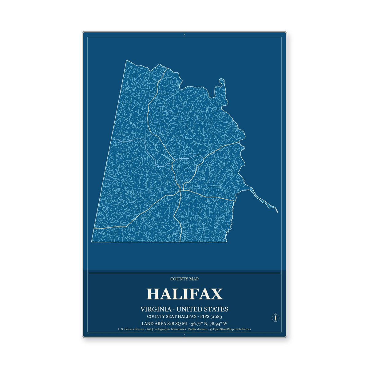 Halifax County, Virginia Map Aluminum Sign in Harbor Cobalt style
