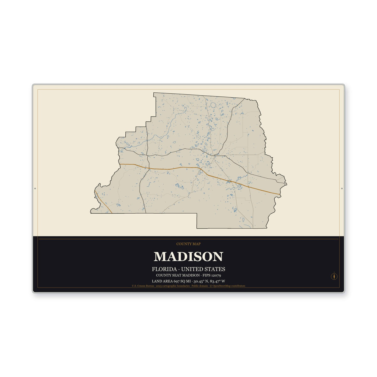 Madison County, Florida Map Aluminum Sign in Museum Plaque style