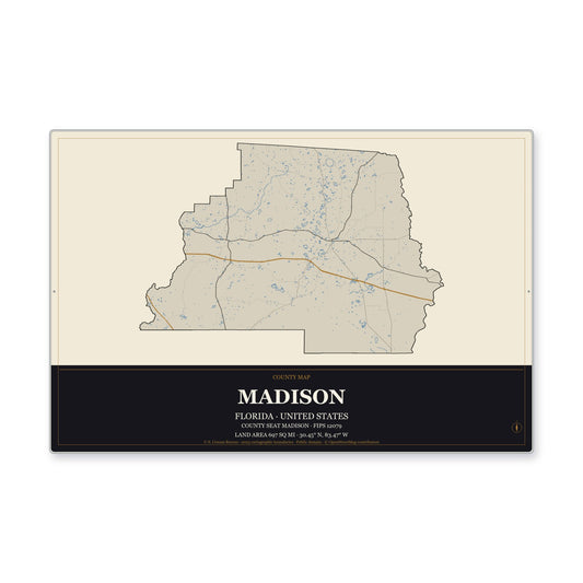 Madison County, Florida Map Aluminum Sign in Museum Plaque style