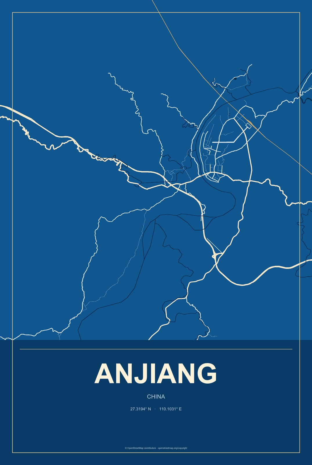 Anjiang, China City Map Aluminum Sign in Harbor Cobalt style