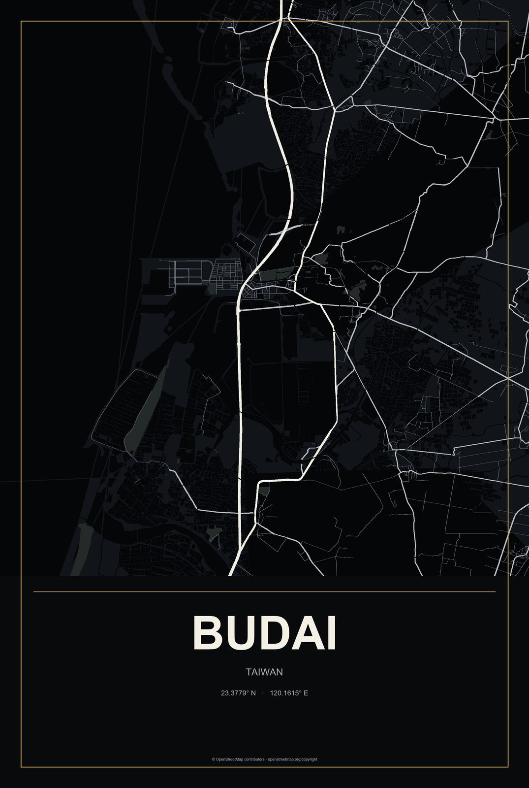 Budai, Taiwan City Map Aluminum Sign in Metropolitan Noir style