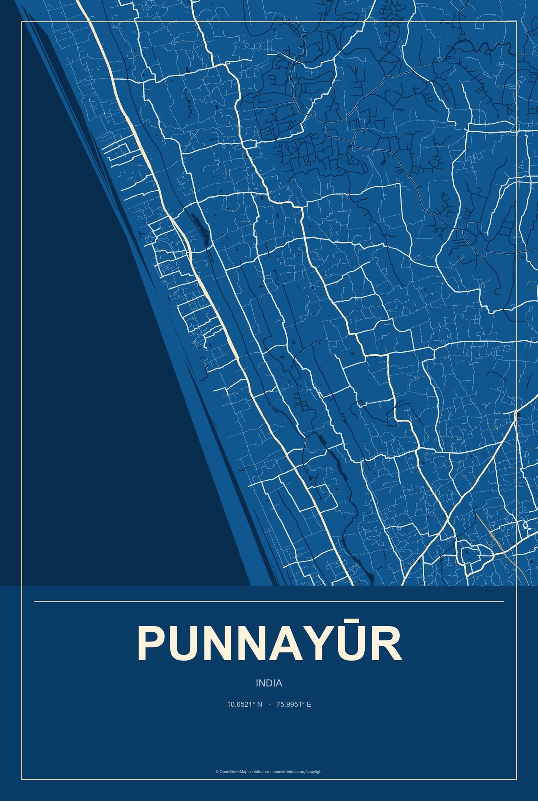 Punnayūr, India City Map Aluminum Sign in Harbor Cobalt style