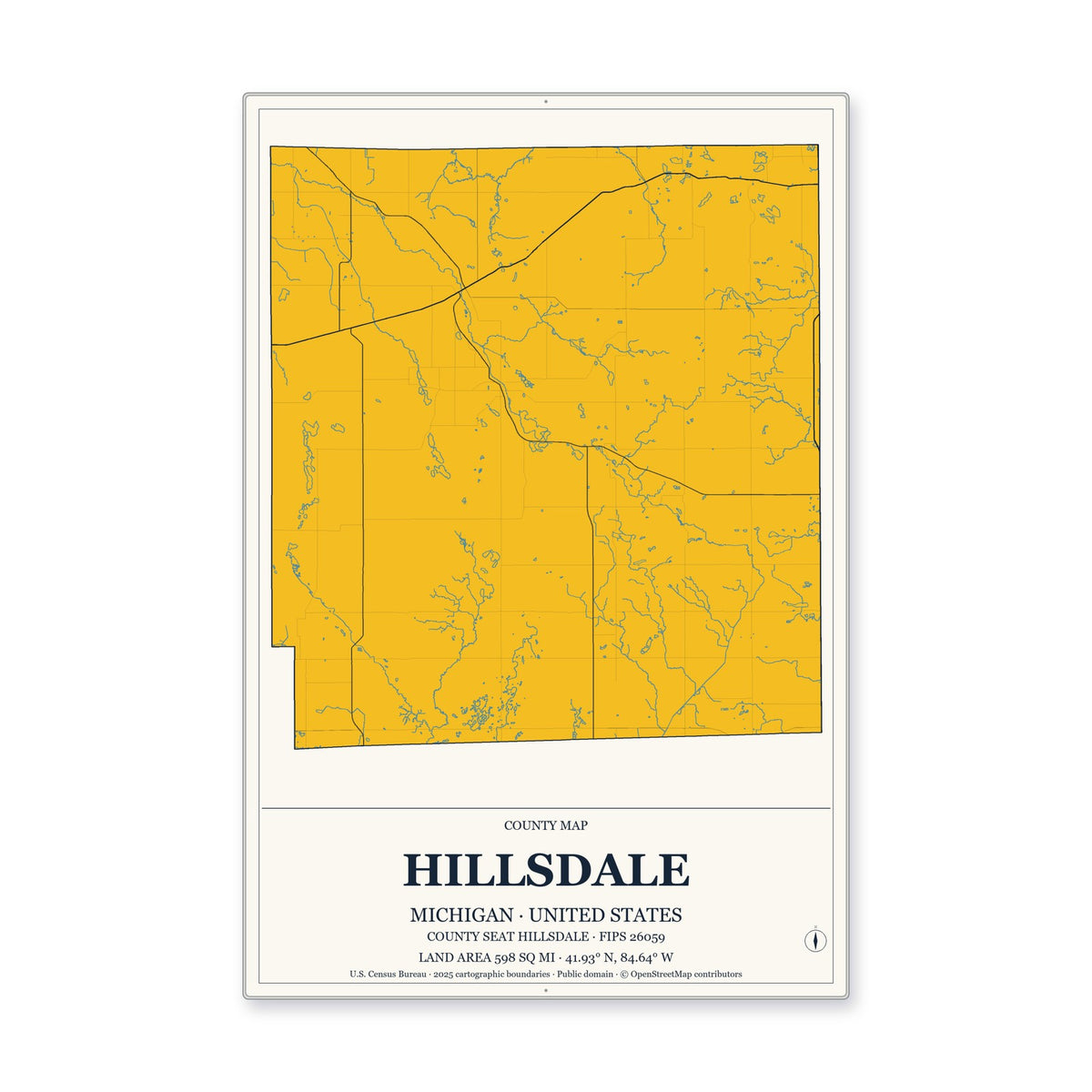 Hillsdale County, Michigan Map Aluminum Sign in Citrine Modern style