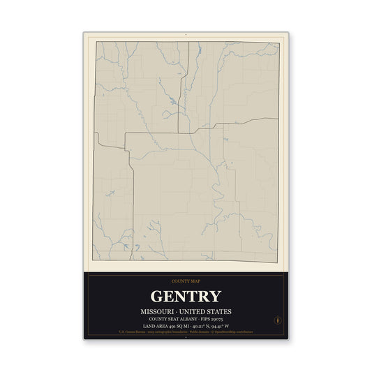 Gentry County, Missouri Map Aluminum Sign in Museum Plaque style