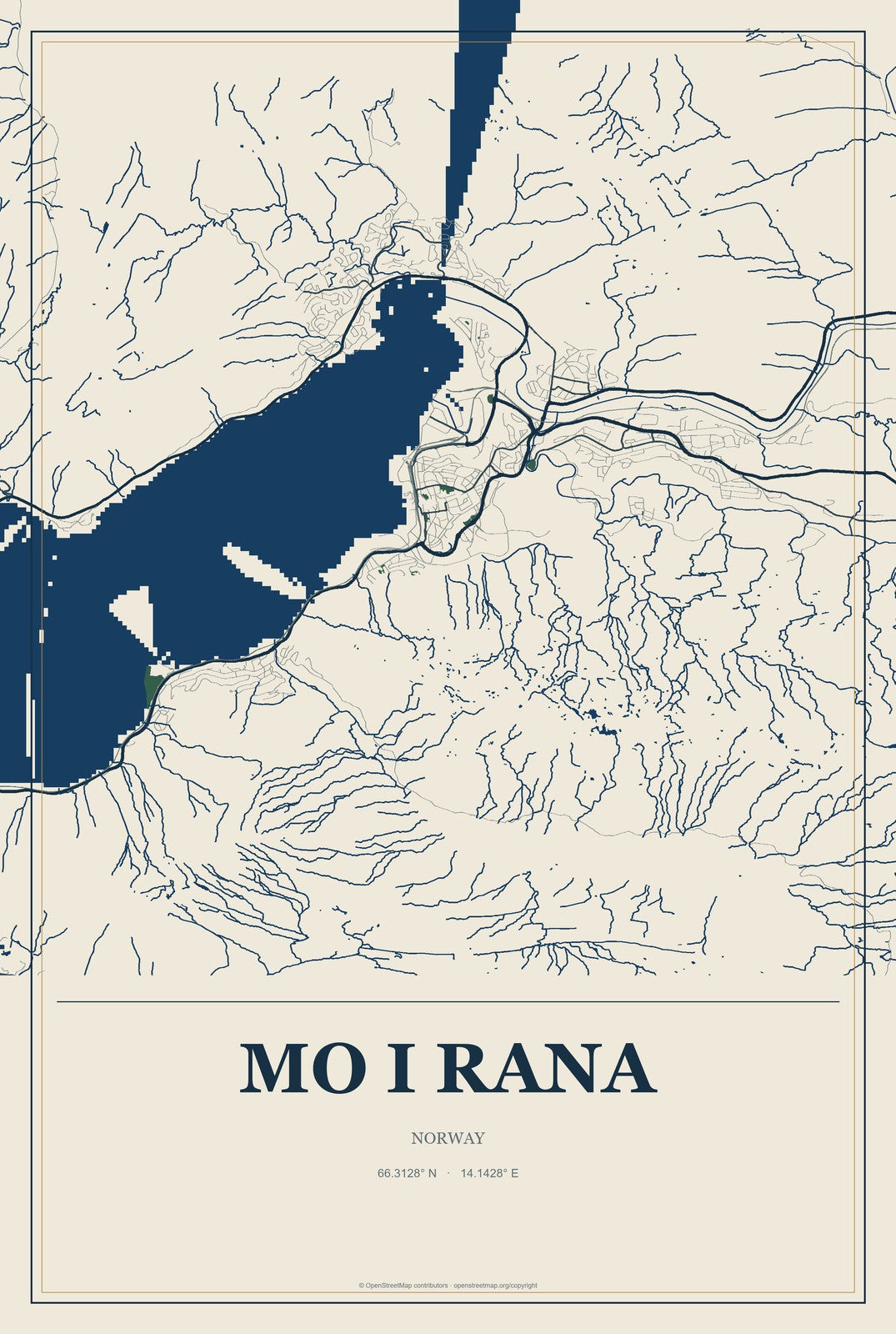 Mo i Rana, Norway City Map Aluminum Sign in Coastal Cutout style