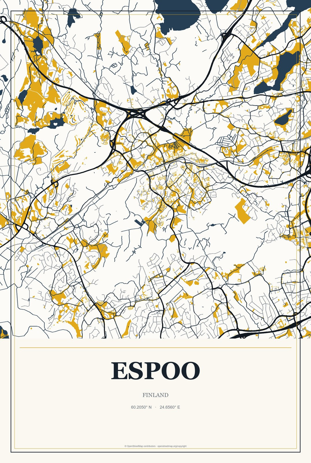 Espoo, Finland City Map Aluminum Sign in Citrine Modern style
