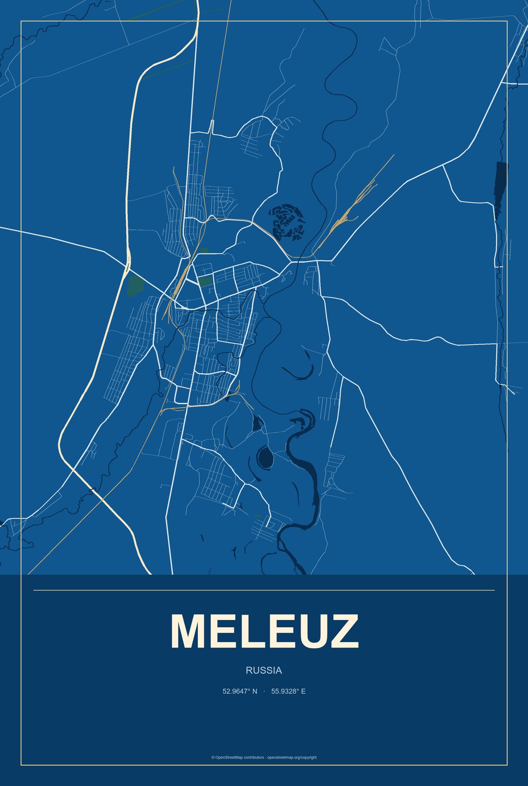 Meleuz, Russia City Map Aluminum Sign in Harbor Cobalt style