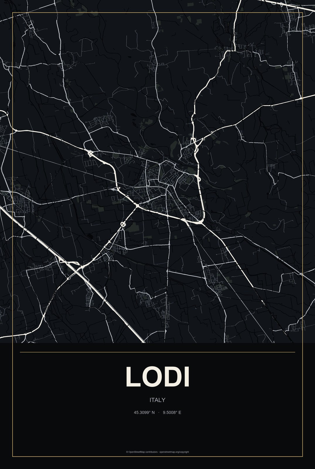 Lodi, Italy City Map Aluminum Sign in Metropolitan Noir style