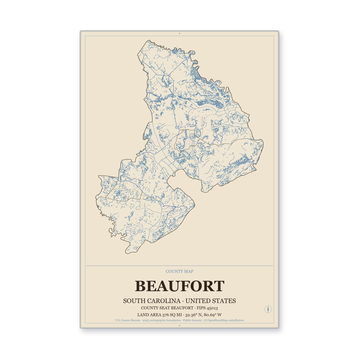 Beaufort County, South Carolina Map Aluminum Sign in Heritage Nautical style