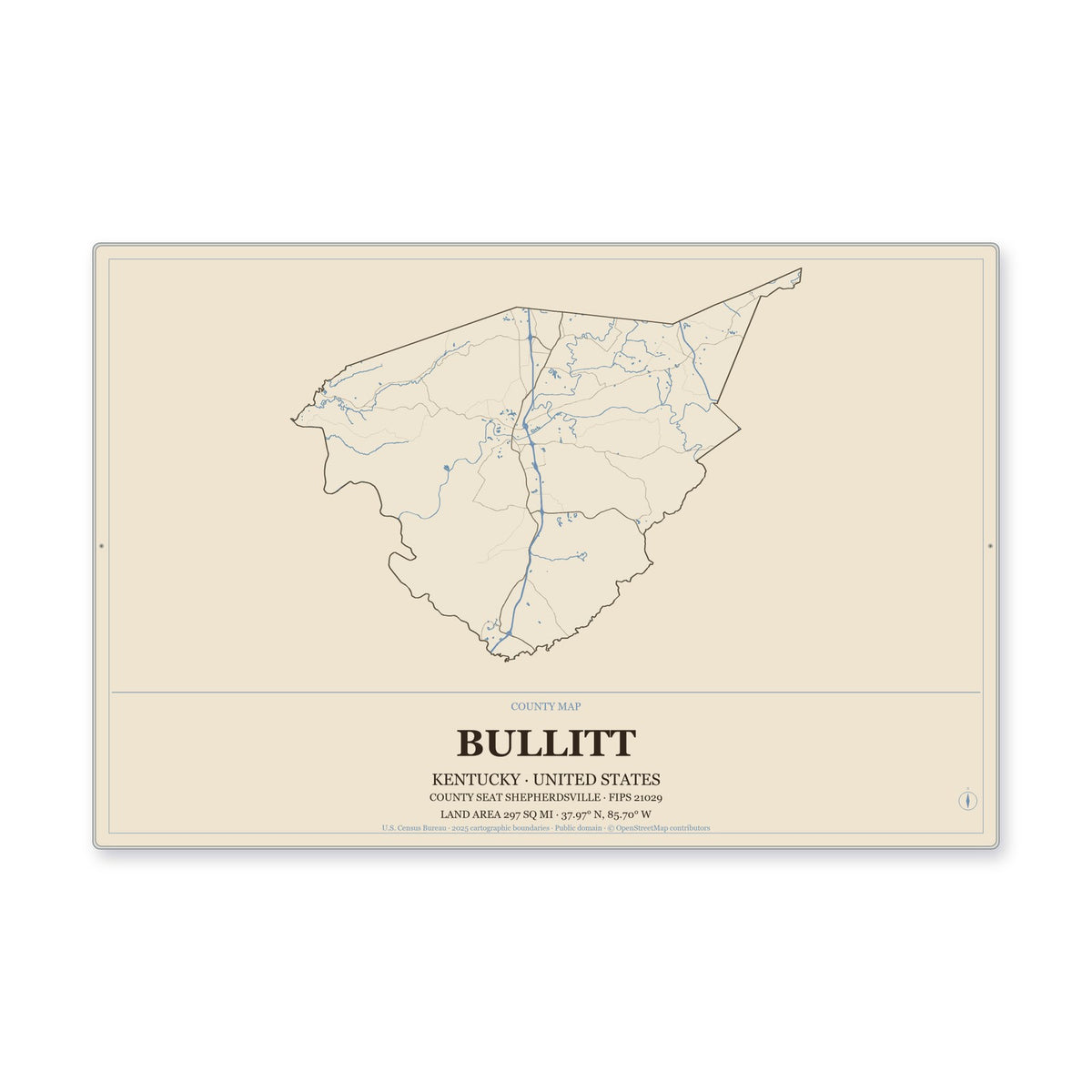 Bullitt County, Kentucky Map Aluminum Sign in Heritage Nautical style