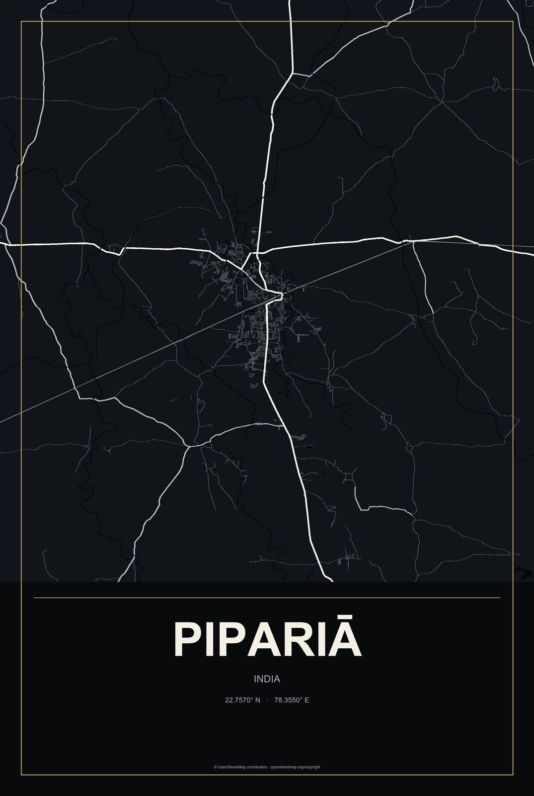 Pipariā, India City Map Aluminum Sign in Metropolitan Noir style